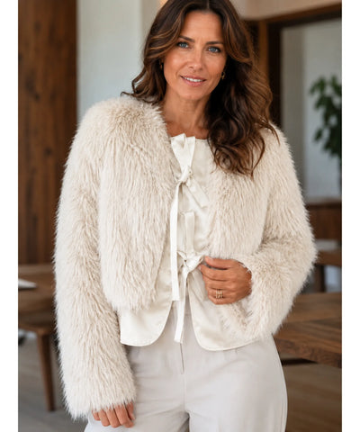 Comprar casaco de pelo feminino curto sofisticado com amarração e forro quente para inverno ou frio intenso barato ANELLIMN 