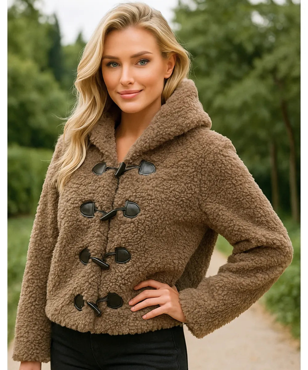 Comprar casaco teddy feminino grosso  marrom com capuz estruturado e forro quente para inverno elegante em promoção ZARA

