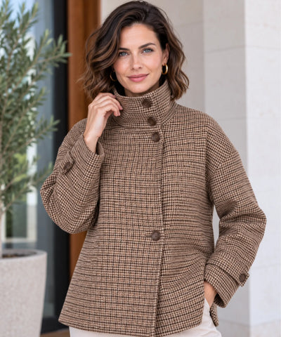 Comprar casaco xadrez feminino de lã com botões marrom em promoção Anellimn