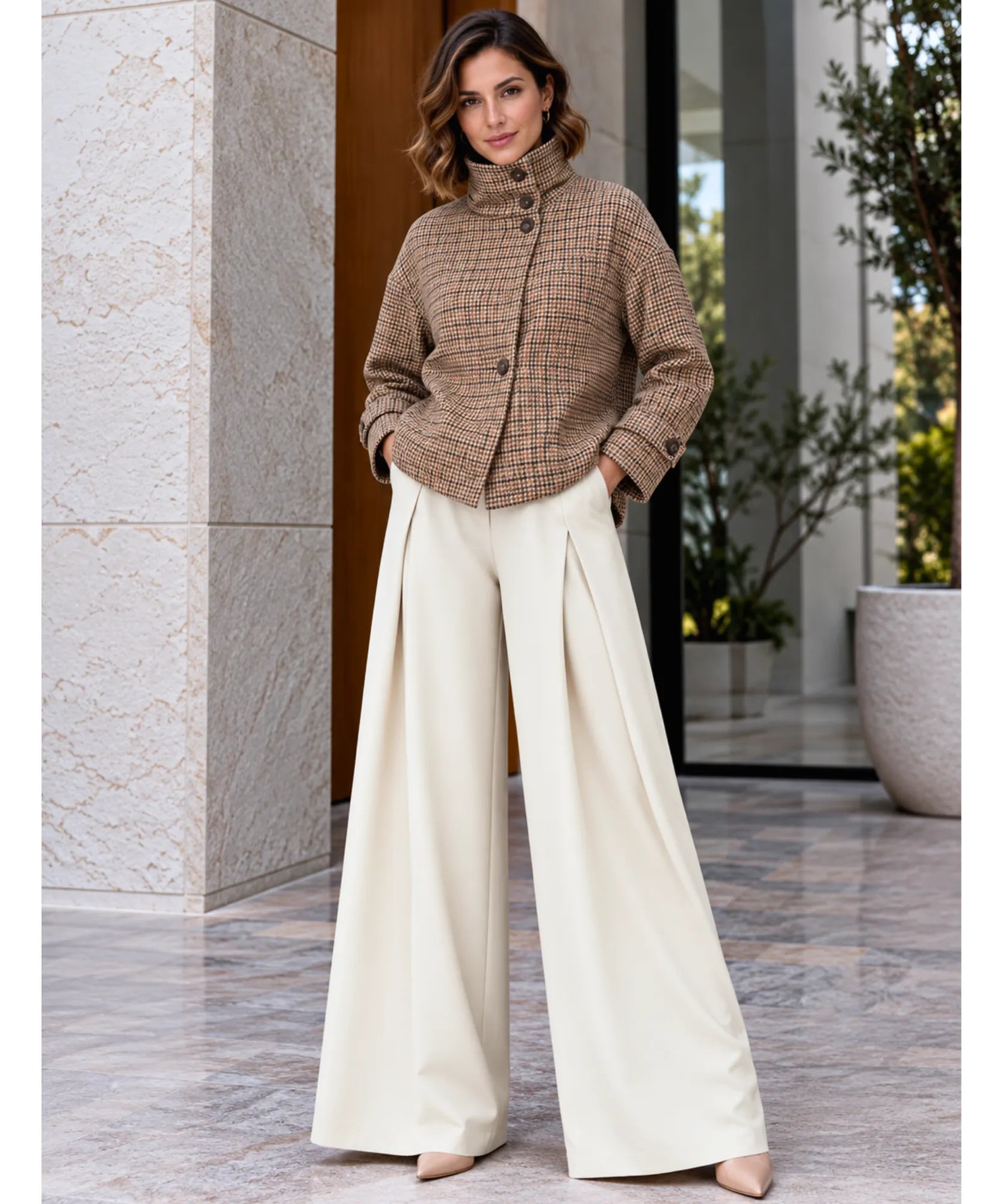 Comprar casaco xadrez feminino corpo inteiro look de inverno marrom em promoção Anellimn