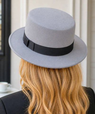 Comprar chapéu cata ovo feminino feltro copa plana aba reta fita decorativa outono inverno barato ANELLIMN