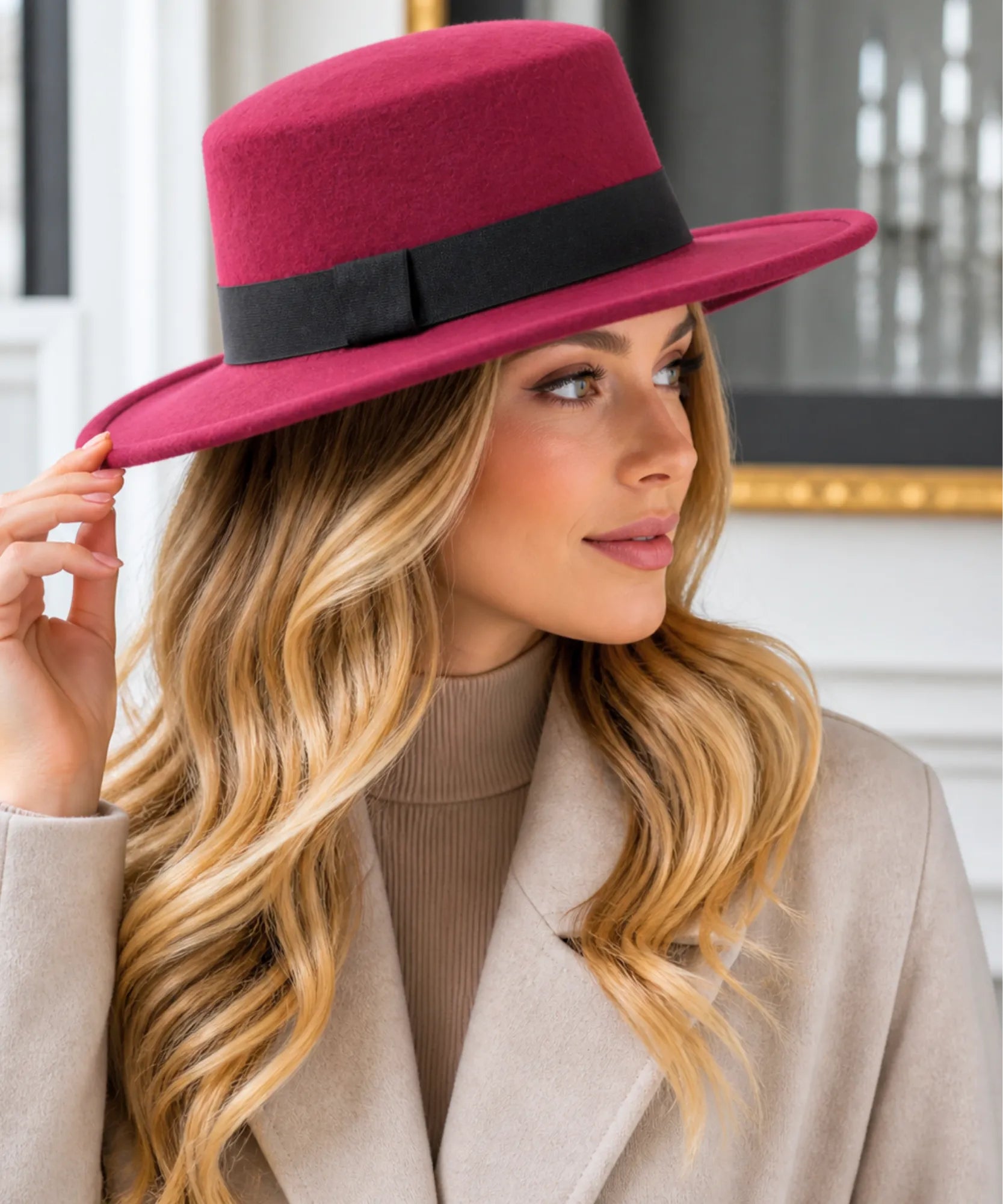 Comprar chapéu cata ovo feminino feltro copa plana aba reta fita decorativa outono inverno barato ANELLIMN