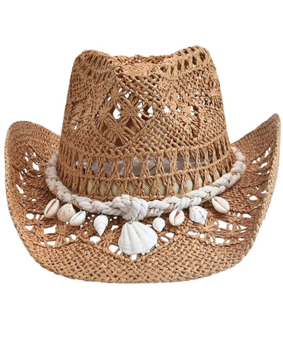 Comprar chapéu country feminino de palha com faixa de conchas marrom barato Anellimn