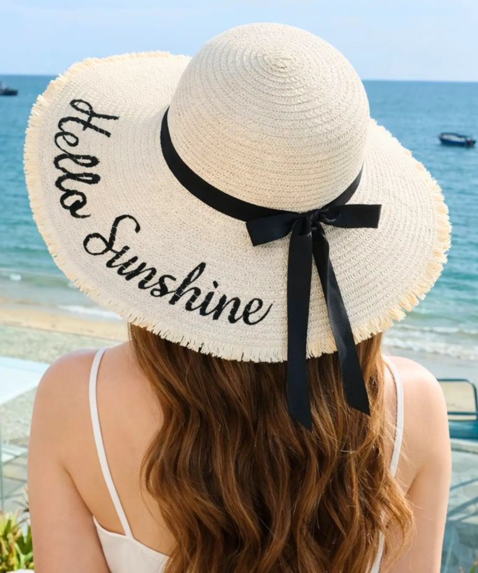 Comprar chapéu de palha feminino aba extra larga bordado Hello Sunshine bordas desfiadas fita preta leve para praia verão proteção solar UV barato ANELLIMN
