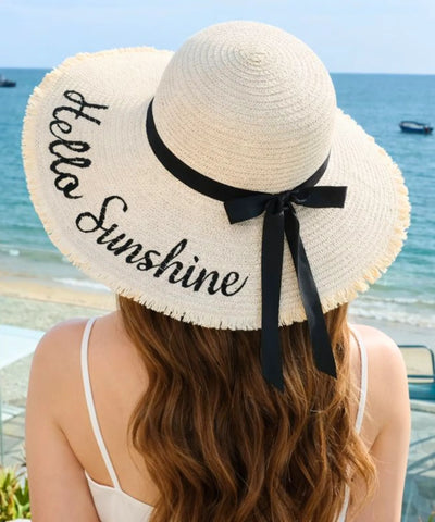 Comprar chapéu de palha feminino aba extra larga bordado Hello Sunshine bordas desfiadas fita preta leve para praia verão proteção solar UV barato ANELLIMN
