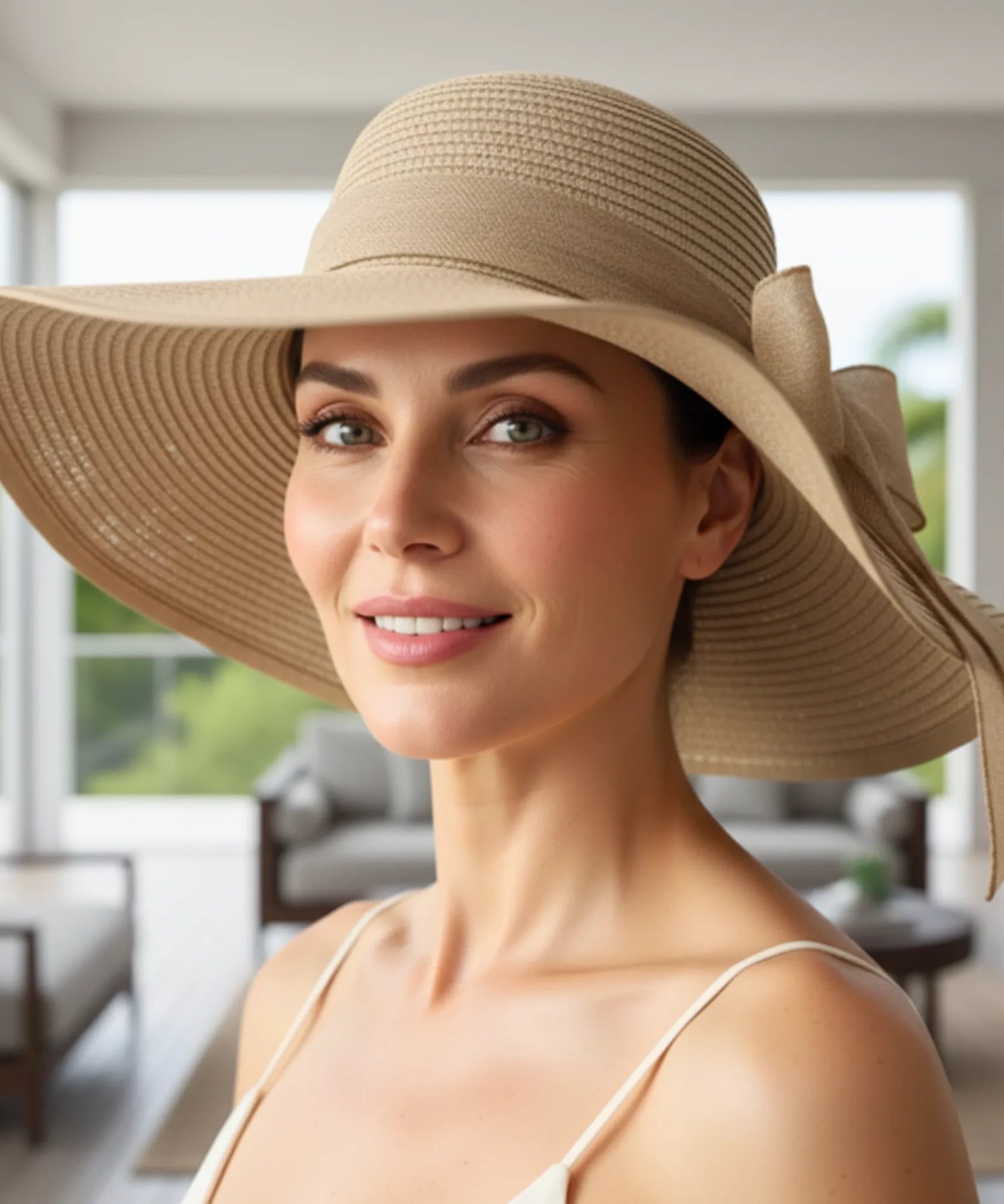 Comprar chapéu de palha feminino aba larga com laço elegante proteção solar UV para praia verão e passeios barato ANELLIMN