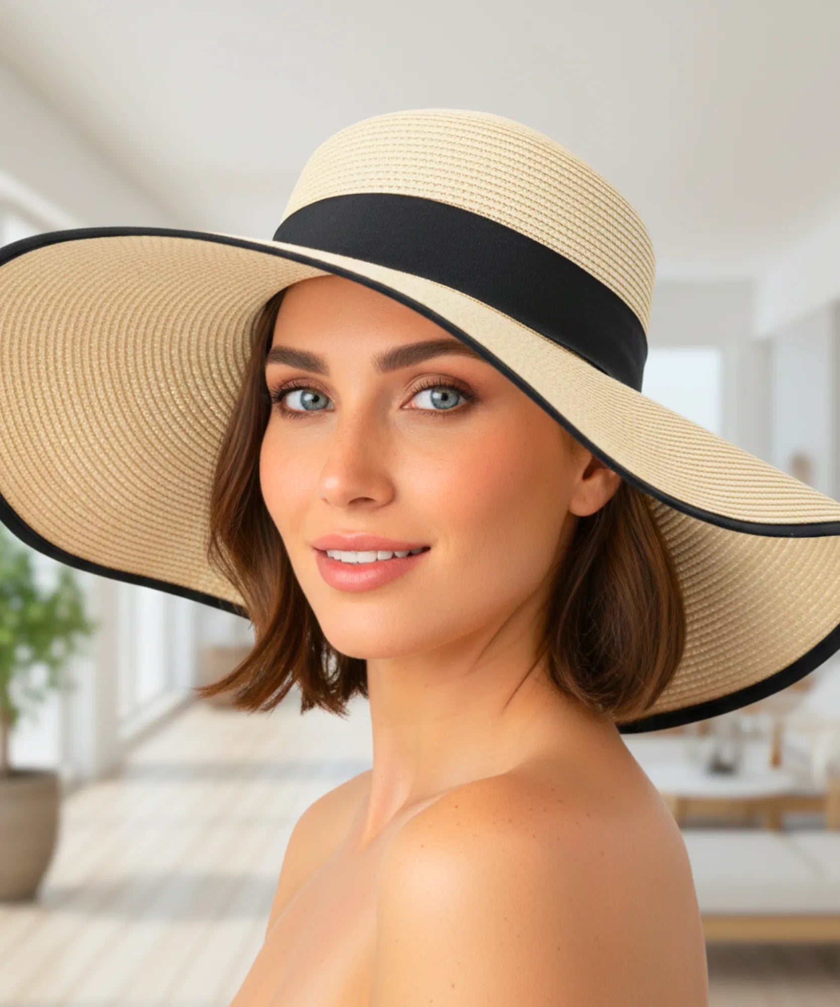 Comprar chapéu de palha feminino aba larga com laço elegante proteção solar UV para praia verão e passeios barato ANELLIMN