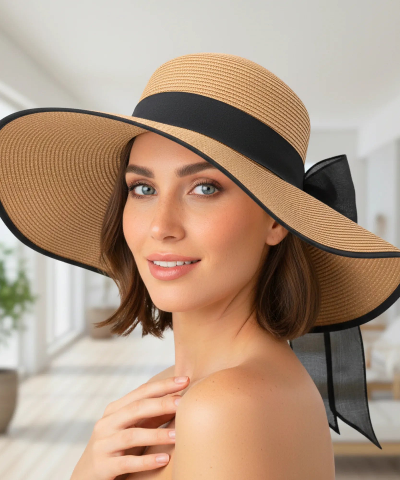 Comprar chapéu de palha feminino aba larga com laço elegante proteção solar UV para praia verão e passeios barato ANELLIMN