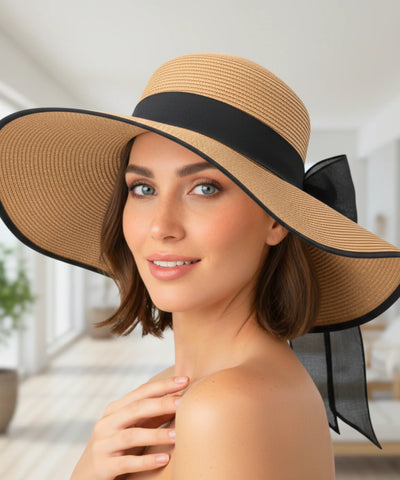Comprar chapéu de palha feminino aba larga com laço elegante proteção solar UV para praia verão e passeios barato ANELLIMN