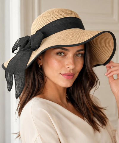 Comprar chapéu de palha feminino aba larga com laço elegante proteção solar UV para praia verão e passeios barato ANELLIMN