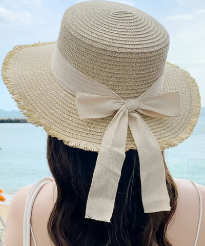 Comprar chapéu de palha feminino natural com fita preta aba reta desfiada leve respirável para praia verão proteção solar barato ANELLIMN