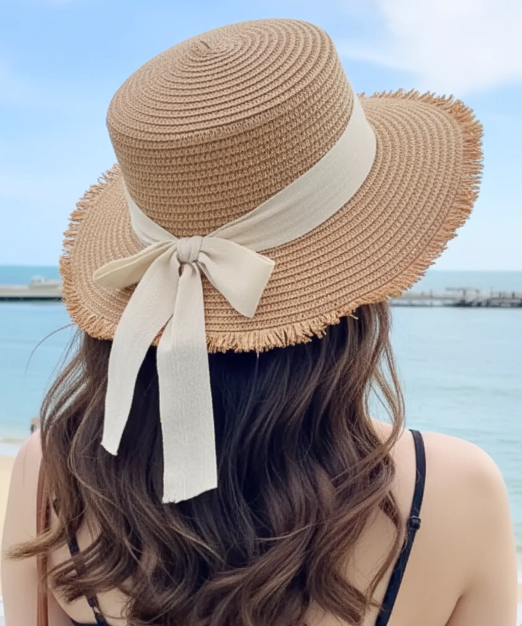Comprar chapéu de palha feminino natural com fita preta aba reta desfiada leve respirável para praia verão proteção solar barato ANELLIMN