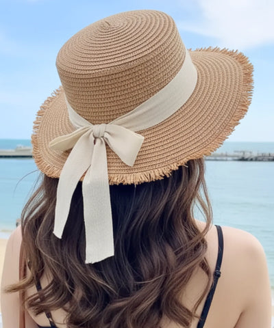 Comprar chapéu de palha feminino natural com fita preta aba reta desfiada leve respirável para praia verão proteção solar barato ANELLIMN