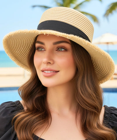 Chapéu de Palha Feminino Natural com Fita Aba Reta | Caspio