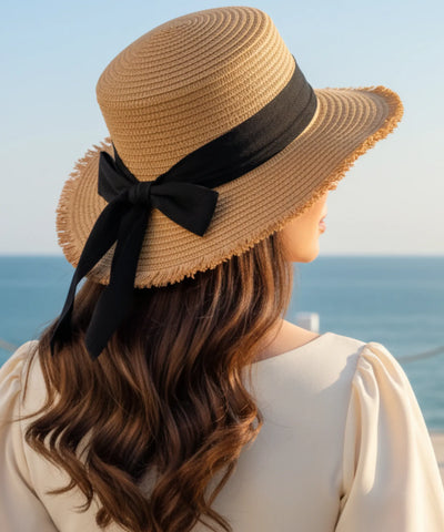 Comprar chapéu de palha feminino natural com fita preta aba reta desfiada leve respirável para praia verão proteção solar barato ANELLIMN