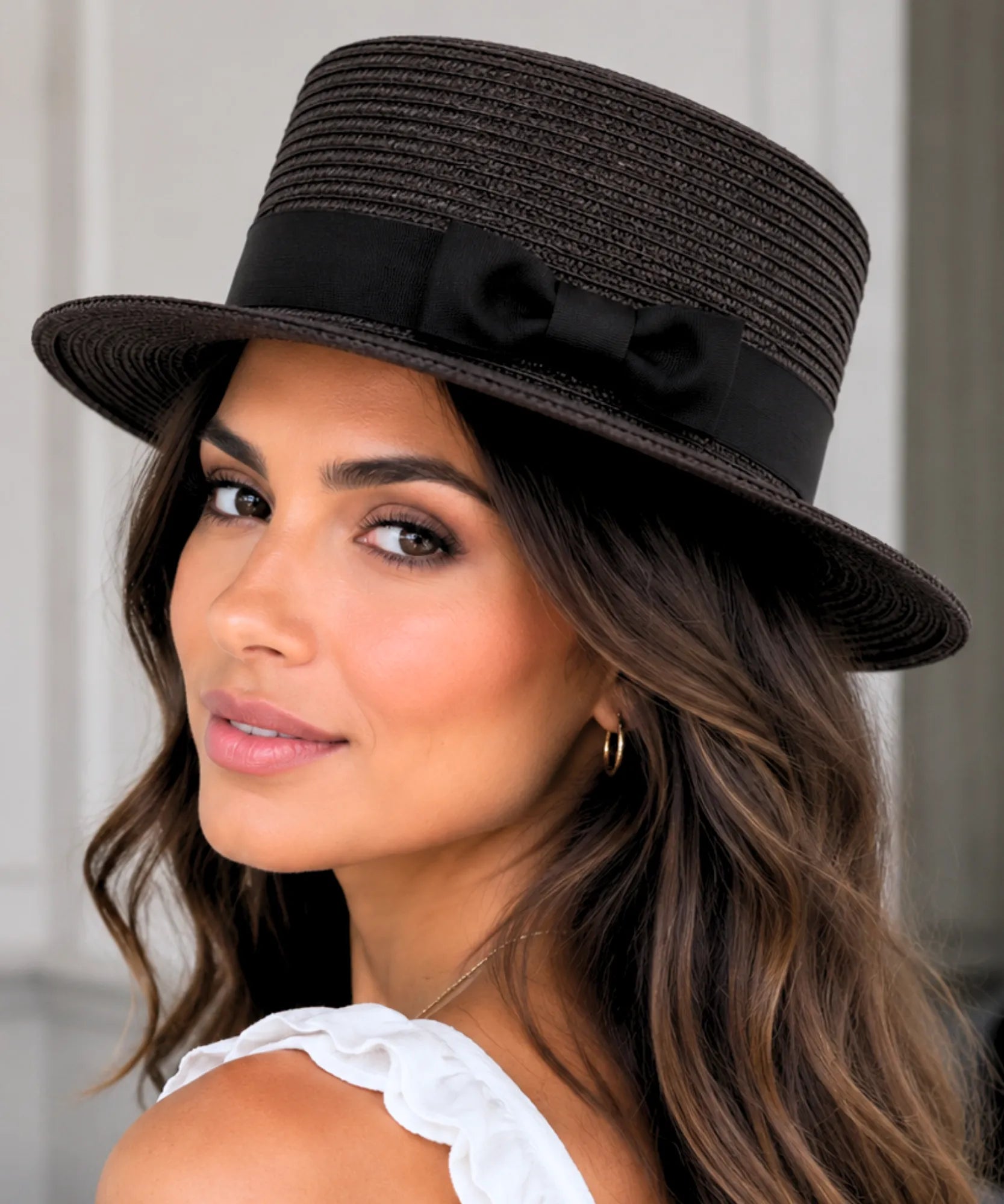Comprar chapéu panamá feminino de palha com fita preta vintage elegante para verão praia e passeios barato ANELLIMN