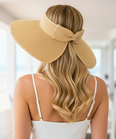 Comprar chapéu de palha feminino viseira aba larga ajustável proteção UV dobrável para praia verão e atividades ao ar livre barato ANELLIMN

