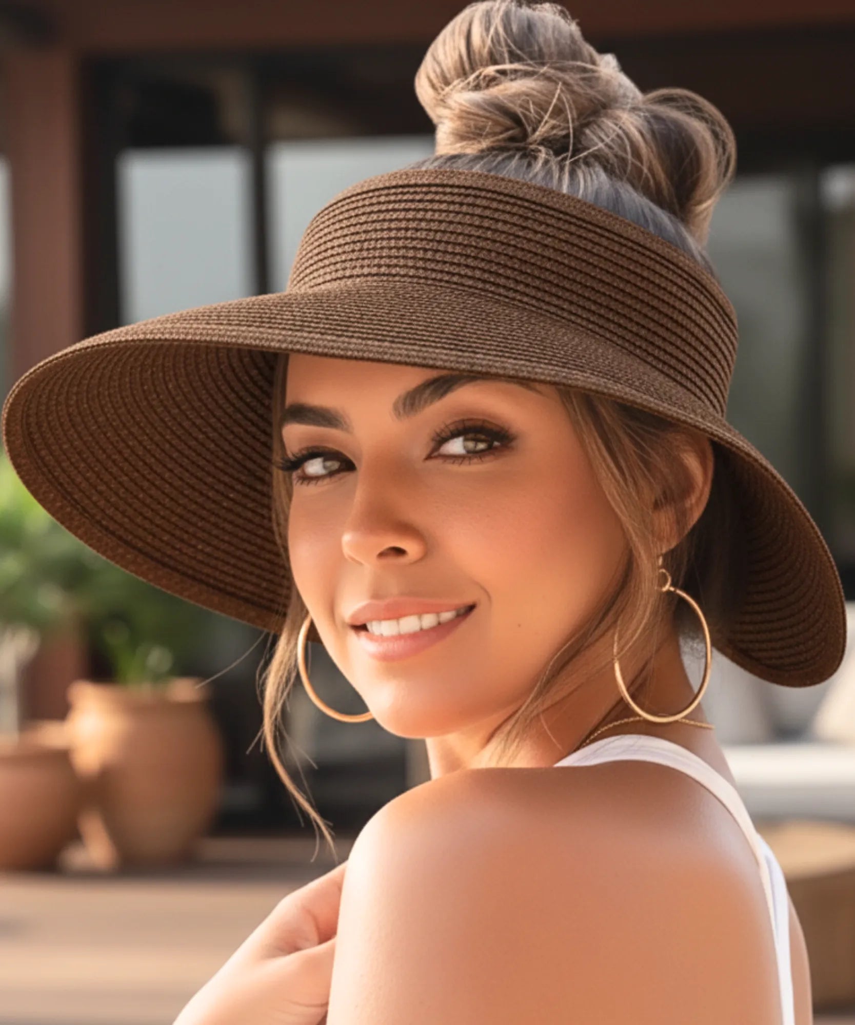 Comprar chapéu de palha feminino viseira aba larga ajustável proteção UV dobrável para praia verão e atividades ao ar livre barato ANELLIMN