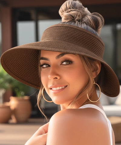 Comprar chapéu de palha feminino viseira aba larga ajustável proteção UV dobrável para praia verão e atividades ao ar livre barato ANELLIMN