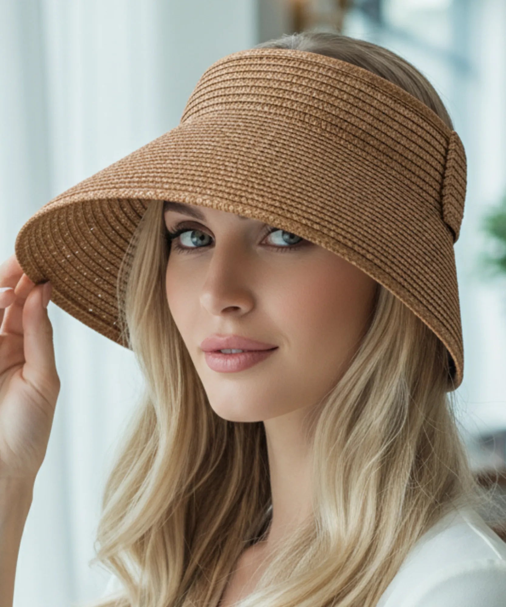 Comprar chapéu de palha feminino viseira aba larga ajustável proteção UV dobrável para praia verão e atividades ao ar livre barato ANELLIMN

