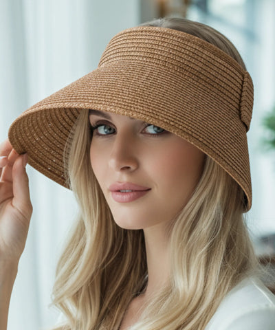 Comprar chapéu de palha feminino viseira aba larga ajustável proteção UV dobrável para praia verão e atividades ao ar livre barato ANELLIMN

