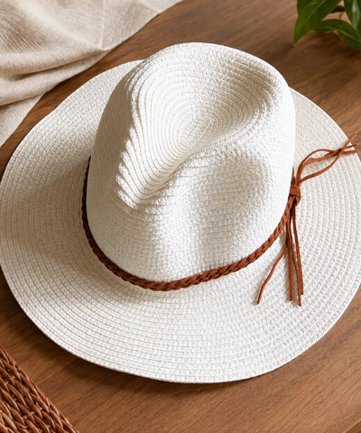 Comprar chapéu de praia feminino de palha com cordão de couro branco barato Anellimn