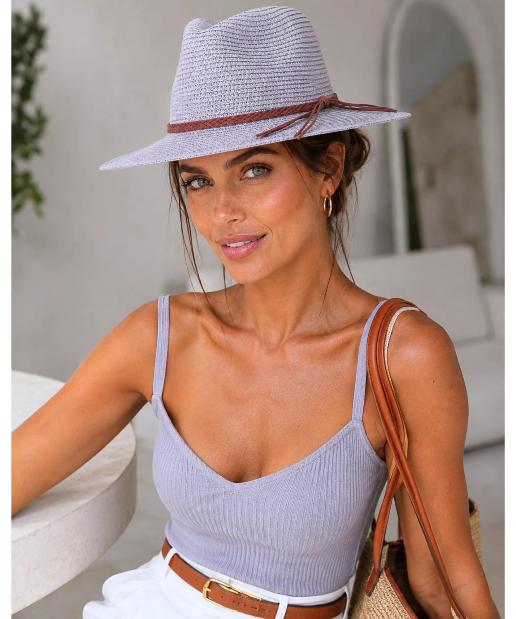 Comprar chapéu de praia feminino de palha para verão cinza barato Anellimn