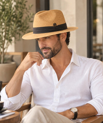Comprar chapéu de praia masculino de palha com fita preta bege em promoção Anellimn
