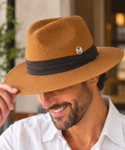 Comprar chapéu de praia masculino de palha aba larga caramelo em promoção Anellimn