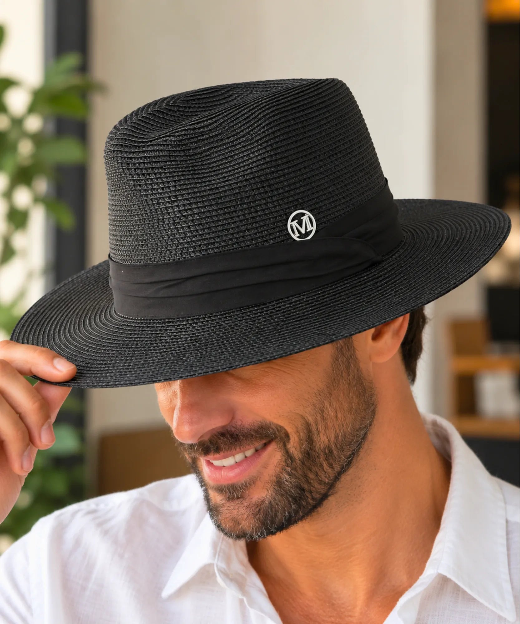 Comprar chapéu de praia masculino de palha aba larga preto em promoção Anellimn
