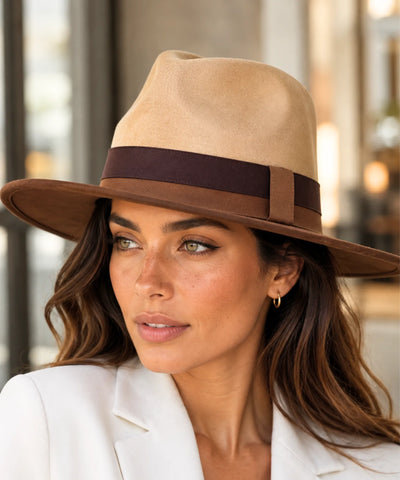 Comprar chapéu fedora feminino aba larga camurça fita bicolor copa estruturada elegante barata em promoção Anellimn