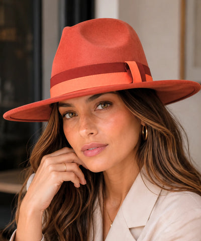 Comprar chapéu fedora feminino aba larga camurça fita bicolor copa estruturada elegante barata em promoção Anellimn