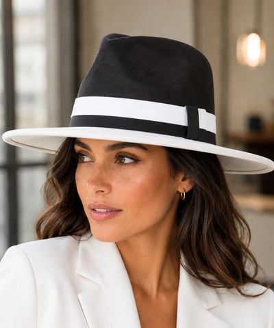 Comprar chapéu fedora feminino aba larga camurça fita bicolor copa estruturada elegante barata em promoção Anellimn