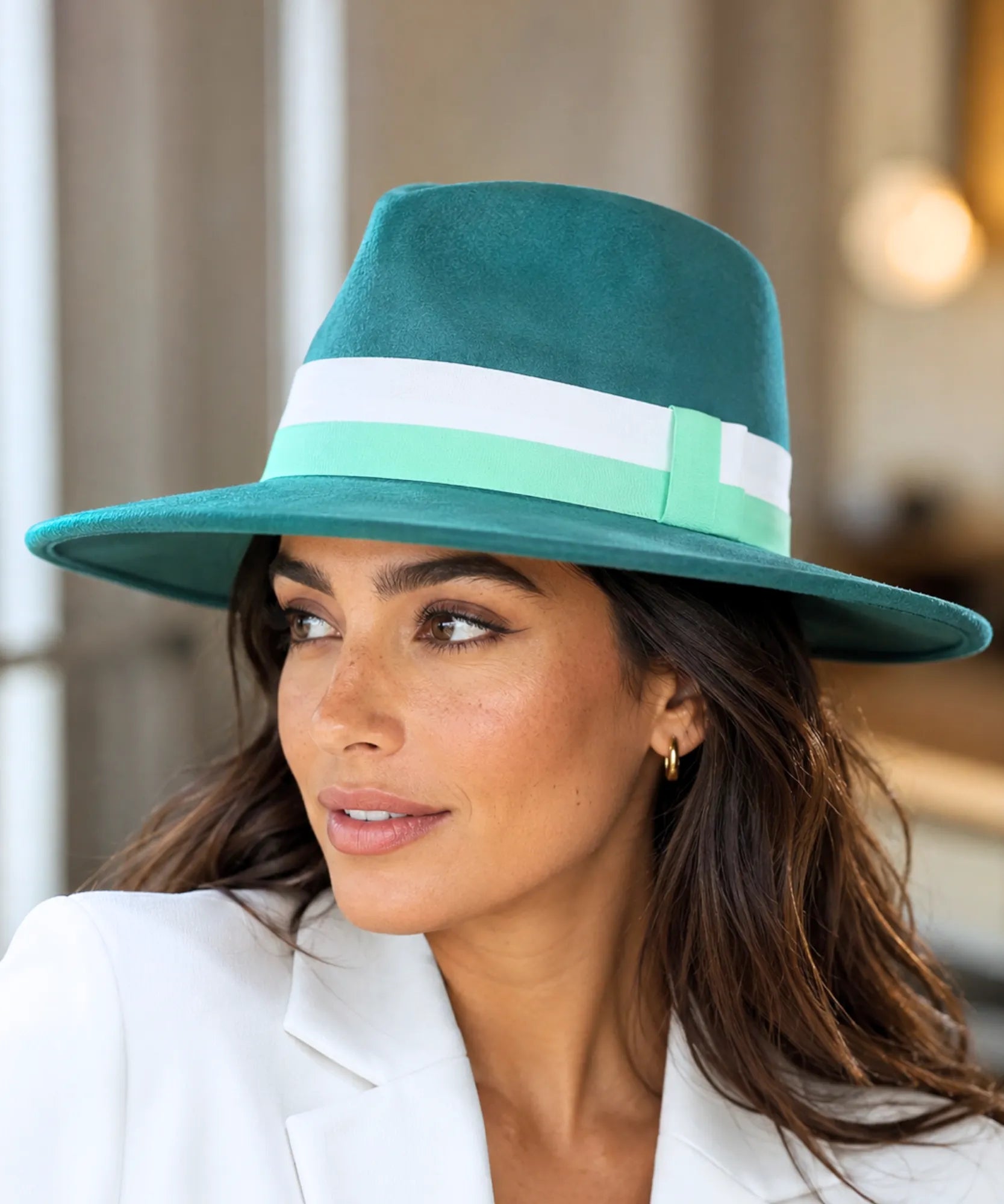 Comprar chapéu fedora feminino aba larga camurça fita bicolor copa estruturada elegante barata em promoção Anellimn