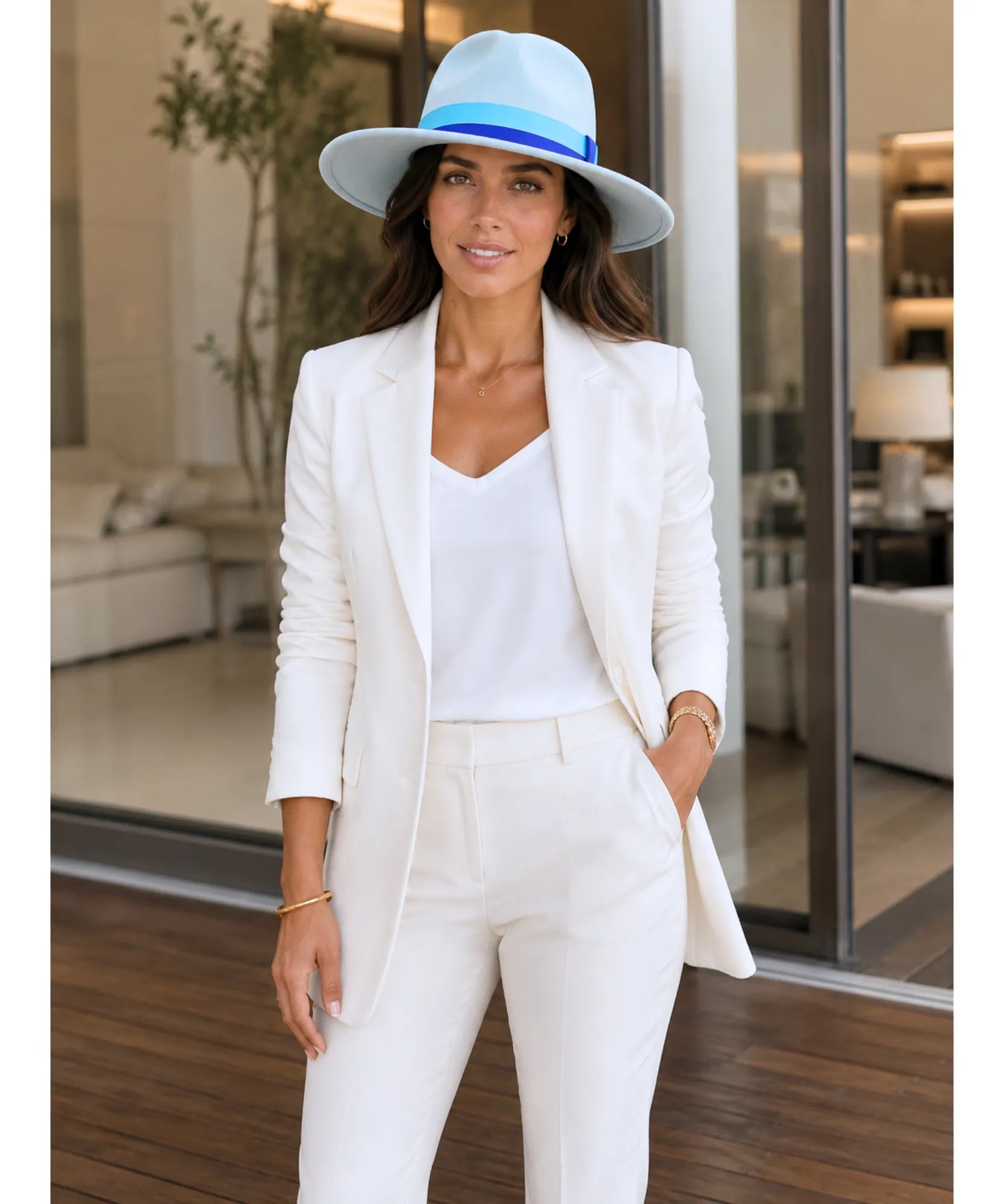 Comprar chapéu fedora feminino aba larga camurça fita bicolor copa estruturada elegante barata em promoção Anellimn