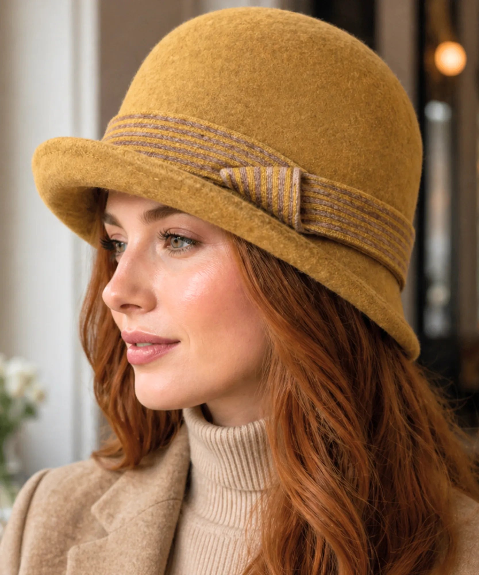 Comprar chapéu feltro feminino cloche lã aba curta faixa listrada copa arredondada inverno vinho bege preto promoção ANELLIMN