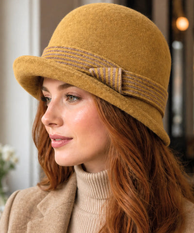 Comprar chapéu feltro feminino cloche lã aba curta faixa listrada copa arredondada inverno vinho bege preto promoção ANELLIMN