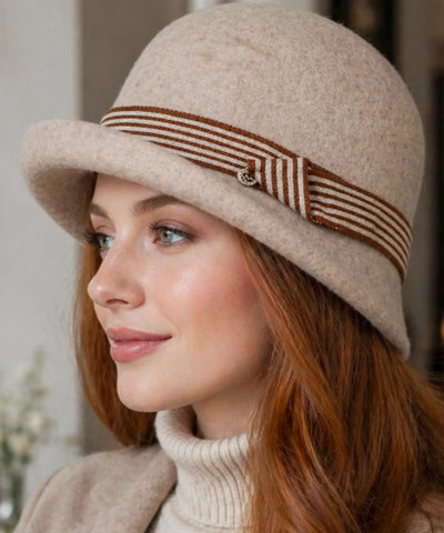 Comprar chapéu feltro feminino cloche lã aba curta faixa listrada copa arredondada inverno vinho bege preto promoção ANELLIMN