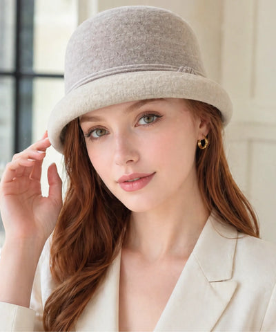 Comprar chapéu feltro feminino cloche lã aba curta faixa listrada copa arredondada inverno vinho bege preto promoção ANELLIMN