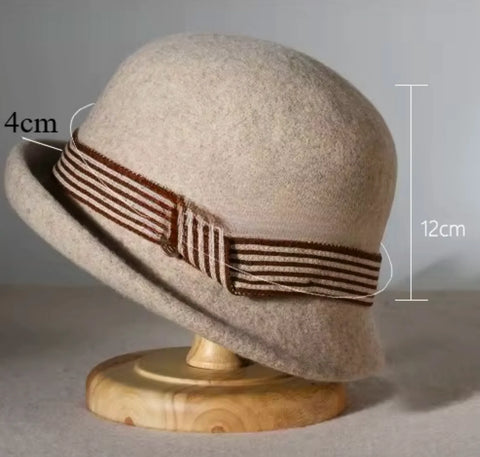 Comprar chapéu feltro feminino cloche lã aba curta faixa listrada copa arredondada inverno vinho bege preto promoção ANELLIMN