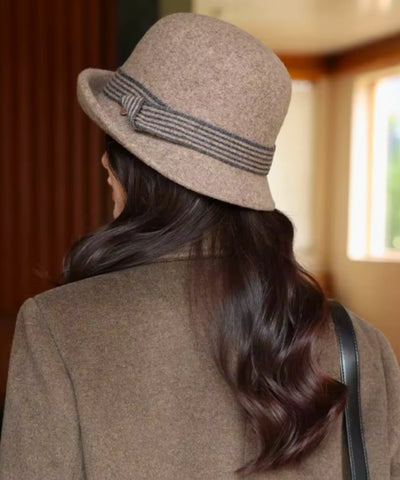 Comprar chapéu feltro feminino cloche lã aba curta faixa listrada copa arredondada inverno vinho bege preto promoção ANELLIMN