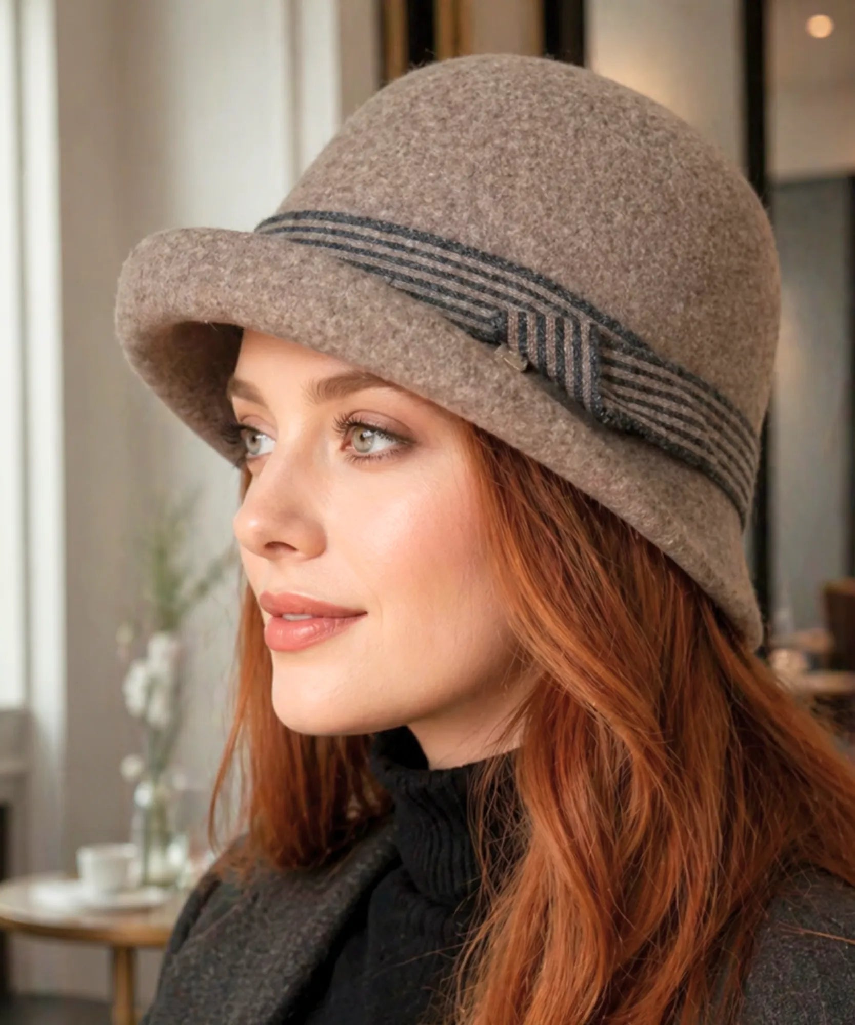 Comprar chapéu feltro feminino cloche lã aba curta faixa listrada copa arredondada inverno vinho bege preto promoção ANELLIMN