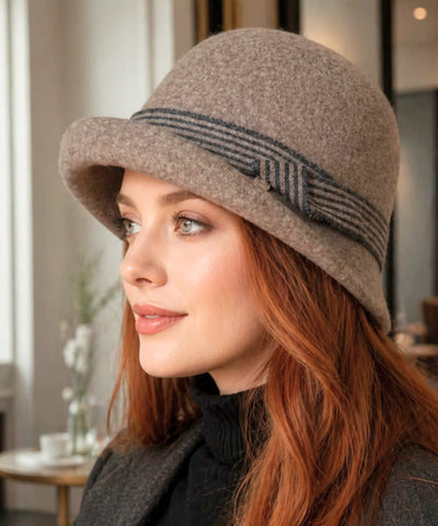 Comprar chapéu feltro feminino cloche lã aba curta faixa listrada copa arredondada inverno vinho bege preto promoção ANELLIMN