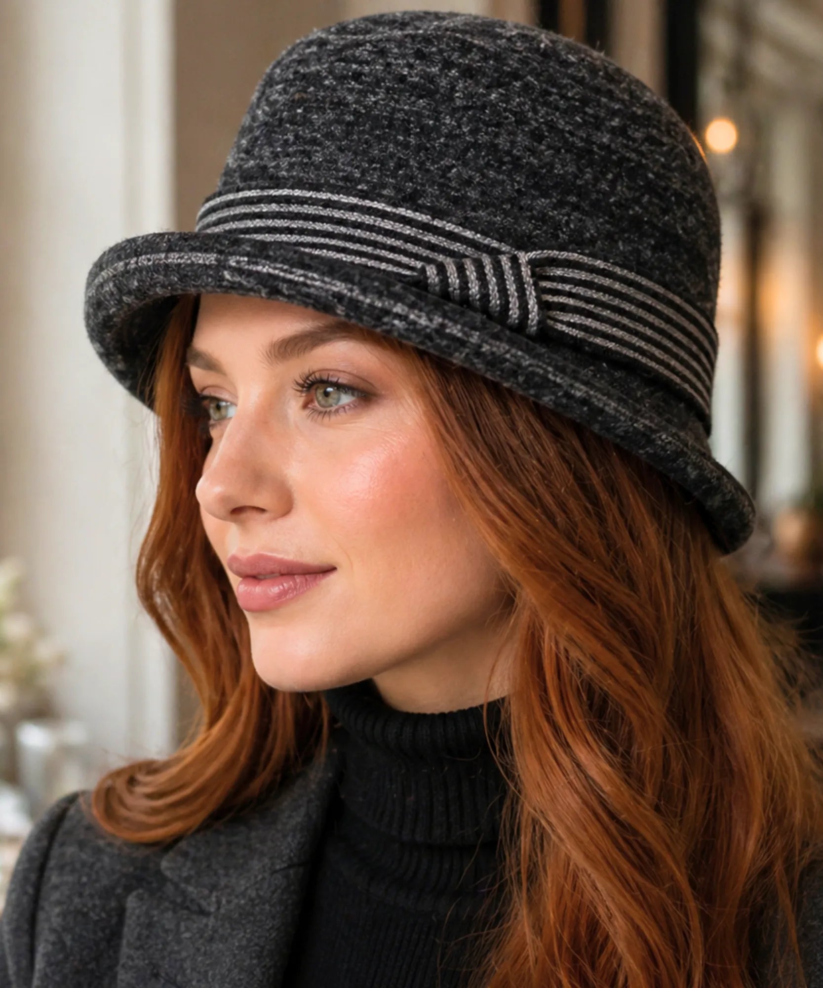 Comprar chapéu feltro feminino cloche lã aba curta faixa listrada copa arredondada inverno vinho bege preto promoção ANELLIMN