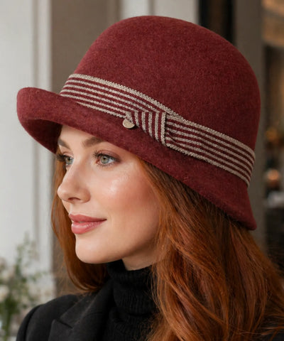 Comprar chapéu feltro feminino cloche lã aba curta faixa listrada copa arredondada inverno vinho bege preto promoção ANELLIMN