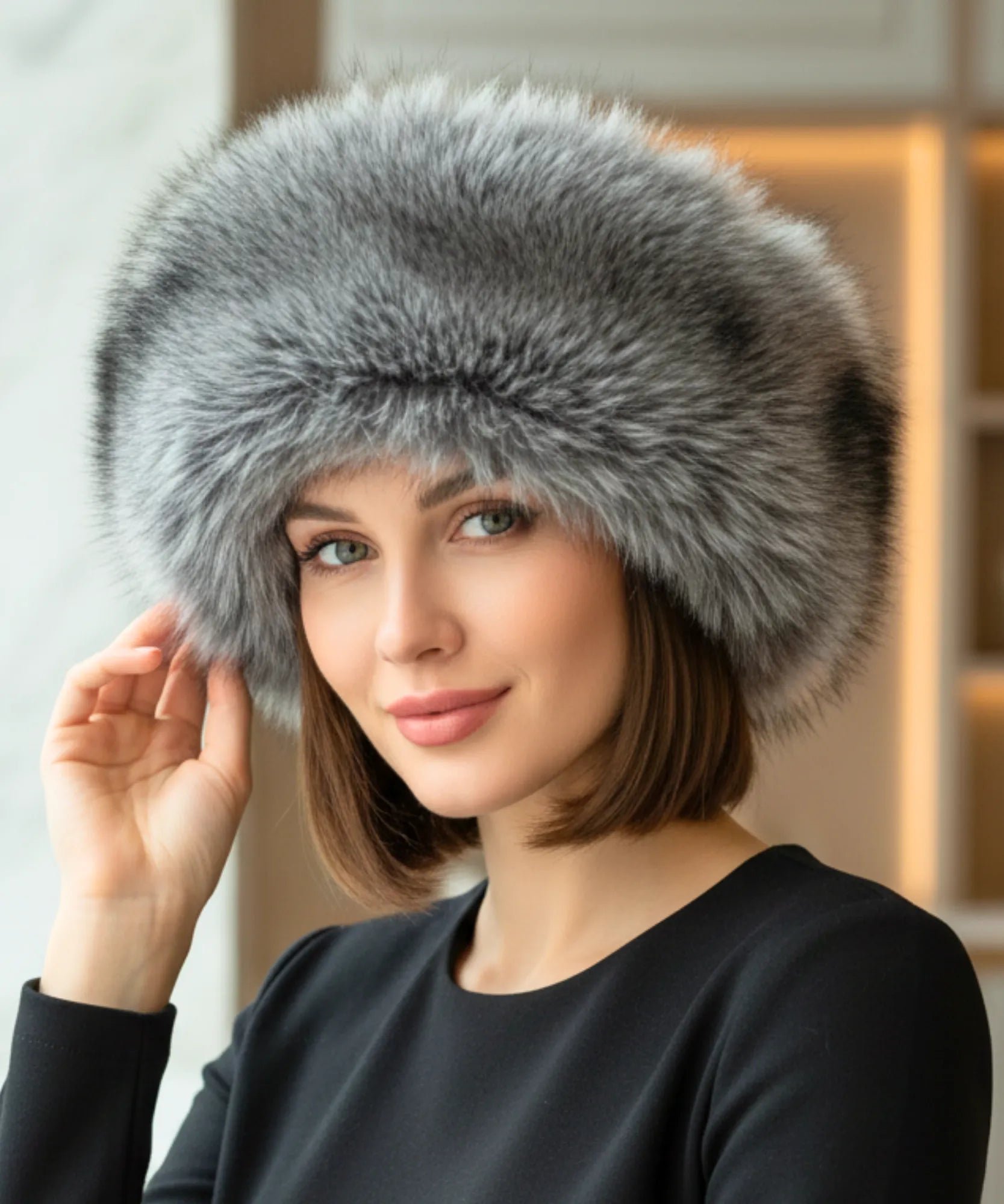 Chapéu feminino de pelo sintético luxo para inverno, com borda volumosa, acabamento sofisticado e circunferência de 58 cm ANELLIMN
