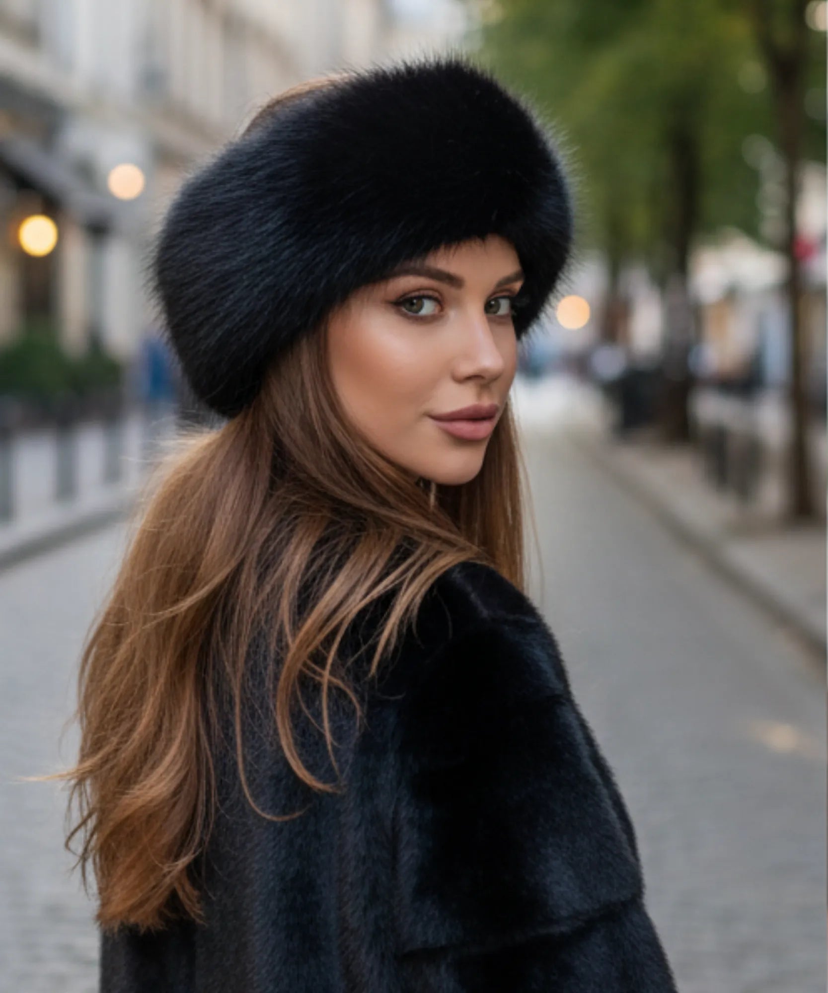 Chapéu feminino de pelo sintético luxo para inverno, com borda volumosa, acabamento sofisticado e circunferência de 58 cm ANELLIMN
