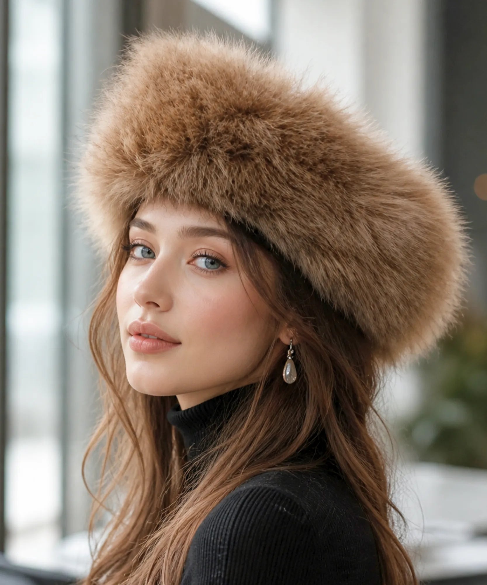 Comprar Chapéu feminino de pelo sintético luxo para inverno, com borda volumosa, acabamento sofisticado e circunferência de 58 cm ANELLIMN