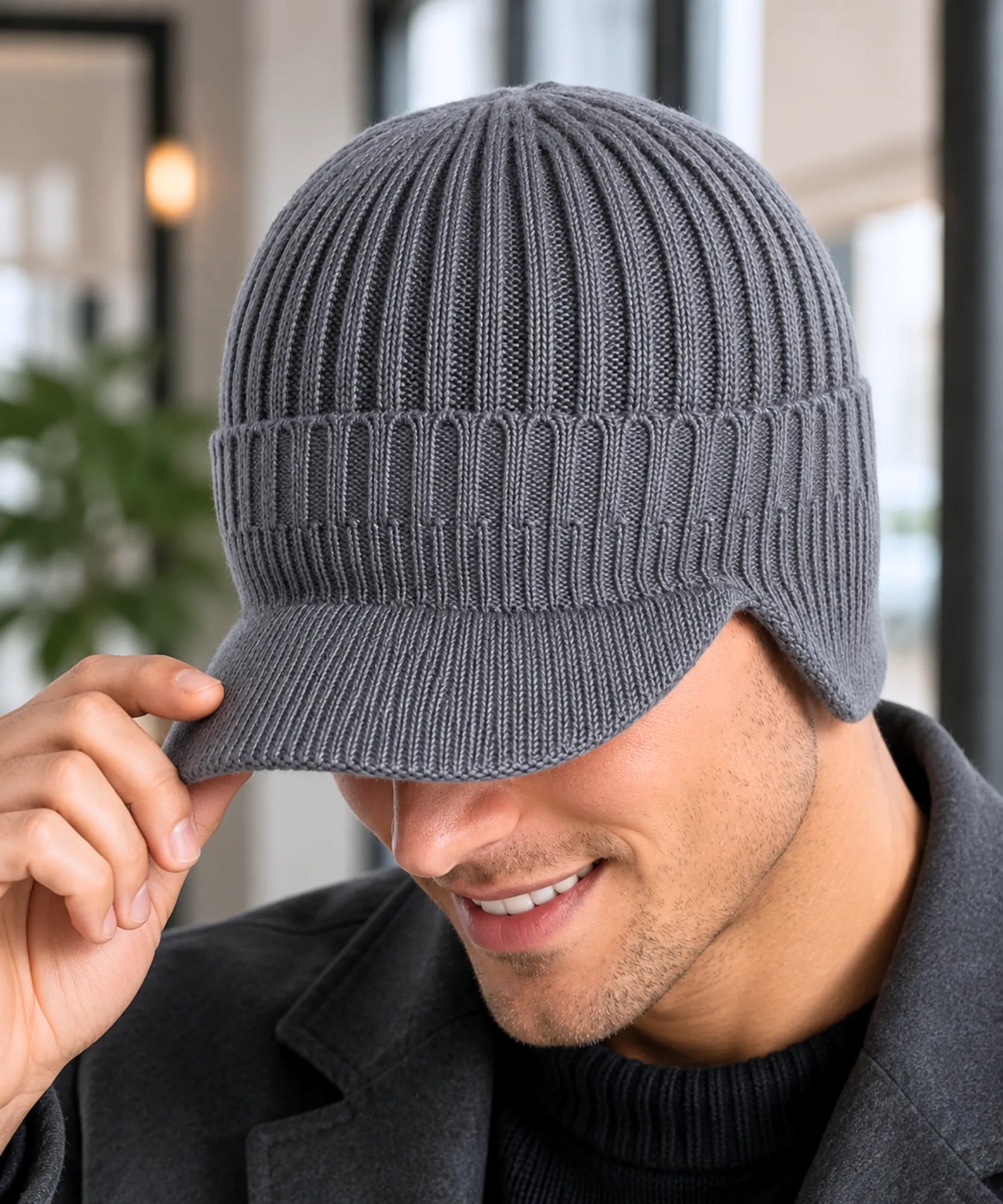 Comprar chapéu masculino gorro tricô canelado com aba protetor de orelha térmico inverno barato promoção Anellimn