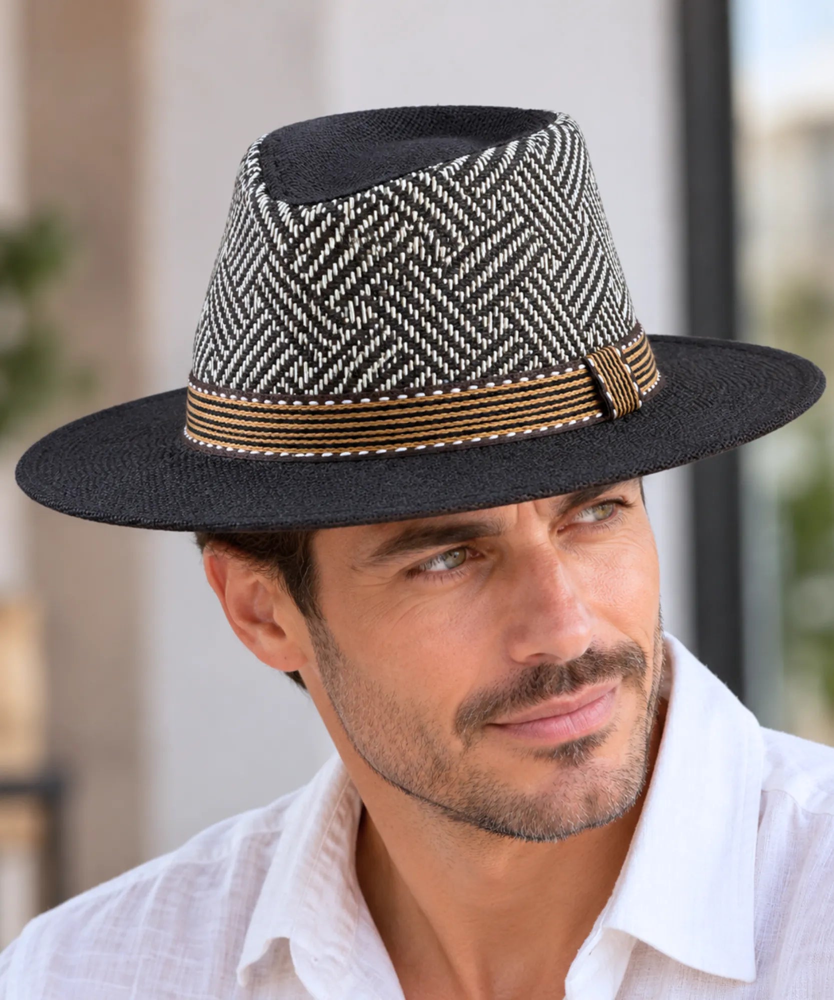 Comprar chapéu masculino panamá de palha preto barato Anellimn